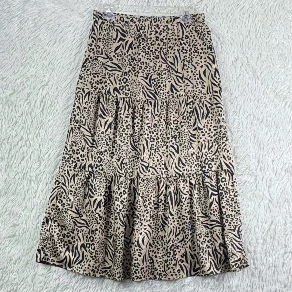 Saltwater Luxe Animal Print Tiered Midi Skirt Medium